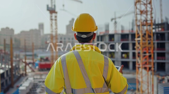 تدقيق مخططات المشروع، مهن ووظائف هندسية سعودية، الاشراف على المشاريع في موقع العمل، صورة من الخلف لمهندس مدني عربي خليجي سعودي يرتدي سترة وخوذة الحماية يقف في مقر الإنشاءات، تطور ونمو القطاع الهندسي في المملكة