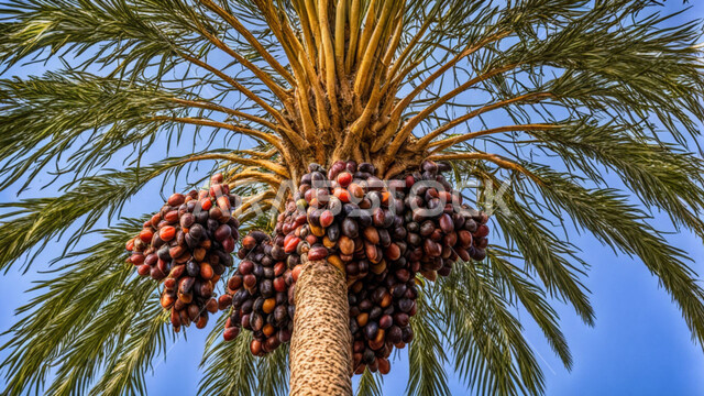 الاهتمام بالأشجار والنباتات الخضراء المثمرة، محاصيل ومنتجات زراعية محلية، موسم حصاد التمور في المملكة العربية السعودية، صورة مقربة من الأسفل لشجر الرطب الذي يحمل ثمار وفيرة، أشجار النخيل المثمرة في الطبيعة الصحراوية