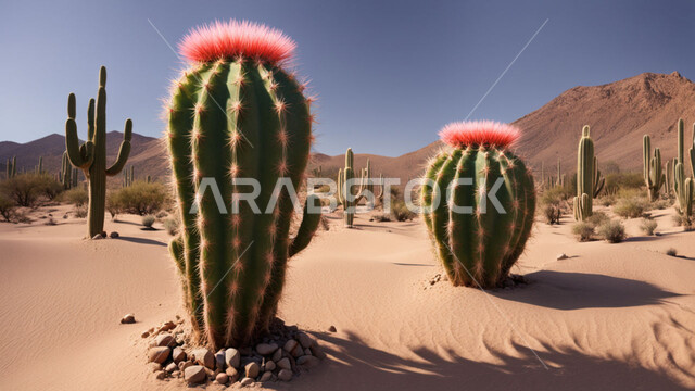 النباتات والمزروعات البرية في المحميات الطبيعية، نمو الشوكيات والأعشاب في براري المملكة العربية السعودية، نبات الصبار الشوكي على الرمال الذهبية الناعمة في المناطق الصحراوية، القمم والمرتفعات الجبلية في الصحراء، خلفية الطبيعة