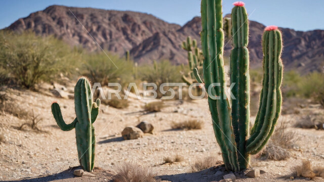 النباتات والمزروعات البرية في المحميات الطبيعية، نمو الشوكيات والأعشاب في براري المملكة العربية السعودية، نبات الصبار الشوكي على الرمال الذهبية الناعمة في المناطق الصحراوية، القمم والمرتفعات الجبلية في الصحراء، خلفية الطبيعة