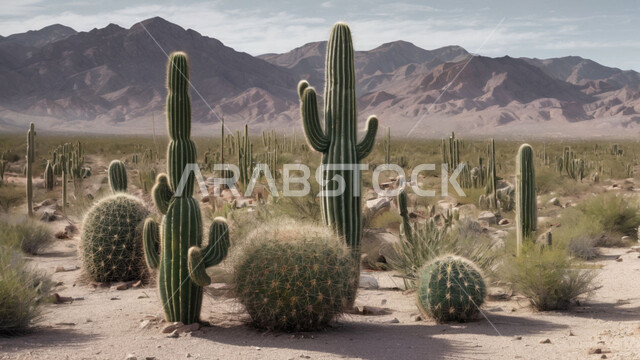 نبات الصبار الشوكي على الرمال الذهبية الناعمة في المناطق الصحراوية، نمو الشوكيات والأعشاب في براري المملكة العربية السعودية، النباتات والمزروعات البرية في المحميات الطبيعية، القمم والمرتفعات الجبلية في الصحراء، خلفية الطبيعة
