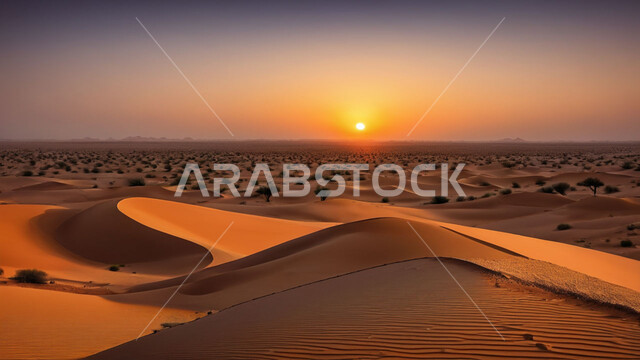 التكوينات والتشكلات الرملية في الصحاري، منظر غروب الشمس على الرمال الذهبية الناعمة في الصحراء، الكثبان الذهبية الناعمة والتضاريس الطبيعية في المملكة العربية السعودية، الجو القاسي والجاف في الأراضي القاحلة، خلفية الطبيعة