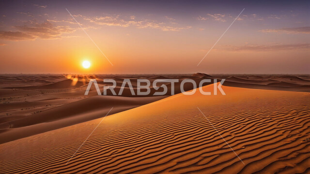 الكثبان الذهبية الناعمة والتضاريس الطبيعية في المملكة العربية السعودية، الجو القاسي والجاف في الأراضي القاحلة، التكوينات والتشكلات الرملية في الصحاري، منظر غروب الشمس على الرمال الذهبية الناعمة في الصحراء، خلفية الطبيعة