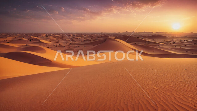 التكوينات والتشكلات الرملية في الصحاري، منظر غروب الشمس على الرمال الذهبية الناعمة في الصحراء، الكثبان الذهبية الناعمة والتضاريس الطبيعية في المملكة العربية السعودية، الجو القاسي والجاف في الأراضي القاحلة، خلفية الطبيعة