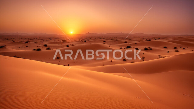 التكوينات والتشكلات الرملية في الصحاري، منظر غروب الشمس على الرمال الذهبية الناعمة في الصحراء، الكثبان الذهبية الناعمة والتضاريس الطبيعية في المملكة العربية السعودية، الجو القاسي والجاف في الأراضي القاحلة، خلفية الطبيعة