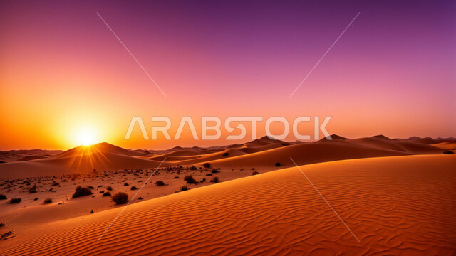 التكوينات والتشكلات الرملية في الصحاري، الجو القاسي والجاف في الأراضي القاحلة، منظر غروب الشمس على الرمال الذهبية الناعمة في الصحراء، الكثبان الذهبية الناعمة والتضاريس الطبيعية في المملكة العربية السعودية، خلفية الطبيعة