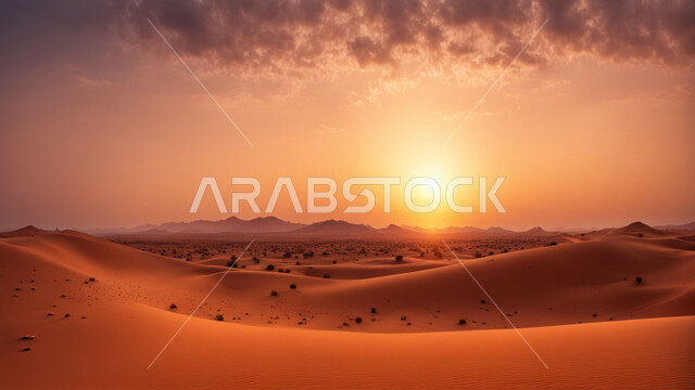 الكثبان الذهبية الناعمة والتضاريس الطبيعية في المملكة العربية السعودية، الجو القاسي والجاف في الأراضي القاحلة، التكوينات والتشكلات الرملية في الصحاري، منظر غروب الشمس على الرمال الذهبية الناعمة في الصحراء، خلفية الطبيعة