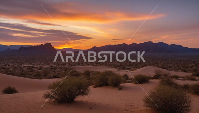 Mountain peaks and heights in the desert, view of the sky full of clouds at sunset, desert areas and the natural desert environment in the Kingdom of Saudi Arabia, growth of wild and thorny plants on the soft sand in the deserts, nature background