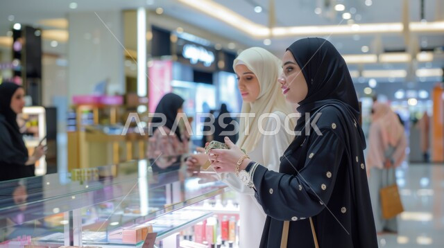 الاستفادة من حسومات الجمعة البيضاء، متعة مشاركة الأصدقاء في اختيار الهدايا من المراكز التجارية، الأثر الإيجابي للتسوق على النساء، إمرأتان عربيتان خليجيتان سعوديتان في مول تجاري