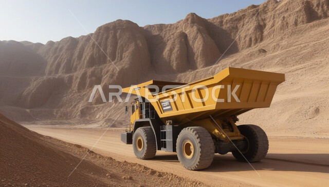 Heavy machinery filling sand and working at the mining site, areas for prospecting for raw underground resources, highlands and mountain peaks in the Kingdom of Saudi Arabia, locations of natural coal mines, rocky nature and terrain of mountain ranges, transporting soil by trucks