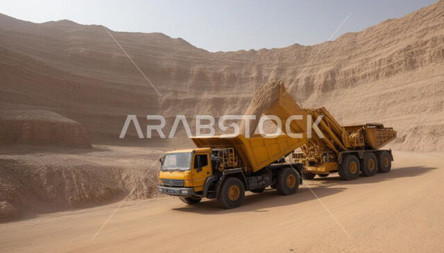 أماكن مناجم الفحم الطبيعي، الطبيعة الصخرية وتضاريس السلاسل الجبلية، نقل الأتربة بواسطة الشاحنات، آليات ثقيلة تقوم بتعبئة الرمال والعمل في موقع التعدين، مناطق التنقيب عن الثروات الباطنية الخام، المرتفعات وقمم الجبال في المملكة العربية السعودية