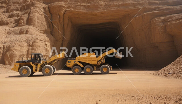 نقل الأتربة بواسطة الشاحنات، آليات ثقيلة تقوم بتعبئة الرمال والعمل في موقع التعدين، مناطق التنقيب عن الثروات الباطنية الخام، أماكن مناجم الفحم الطبيعي، الطبيعة الصخرية وتضاريس السلاسل الجبلية، المرتفعات وقمم الجبال في المملكة العربية السعودية