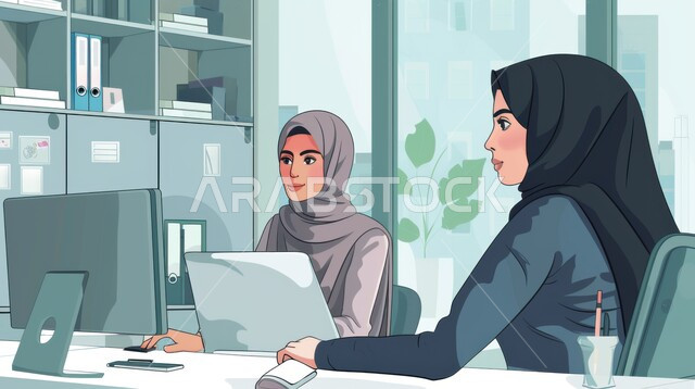 Planning for the future and finding solutions to problems, an illustration of two women wearing hijab discussing ideas at the office table, modern, advanced modern technologies, gestures indicating focus and confusion, contemplating and thinking about something