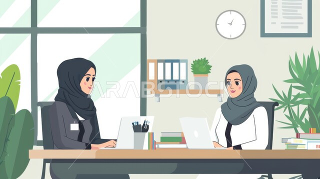 Planning for the future and finding solutions to problems, an illustration of two women wearing hijab discussing ideas at the office table, modern, advanced modern technologies, gestures indicating focus and confusion, contemplating and thinking about something