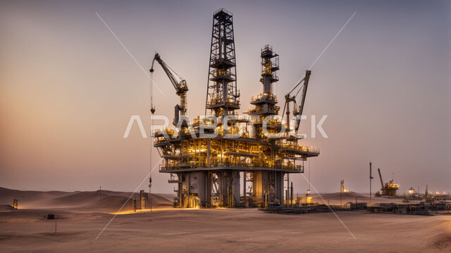 استخراج وتصدير الثروات الباطنية، حفارة تقوم بالتنقيب عن النفط في المناطق الصحراوية، آلات حفر ضخمة، جودة الأدوات والمعدات الصناعة، مراكز تخزين البترول في صحارى المملكة العربية السعودية، منصة نفط لاستنباط الزيوت