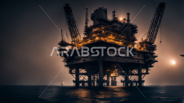 جودة الأدوات والمعدات الصناعية، منصة نفط لاستنباط الزيوت، استخراج وتصدير الثروات الباطنية، حفارة تقوم بالتنقيب عن النفط وسط البحر ليلاً، آلات الحفر الضخمة، مراكز تخزين البترول في المملكة العربية السعودية