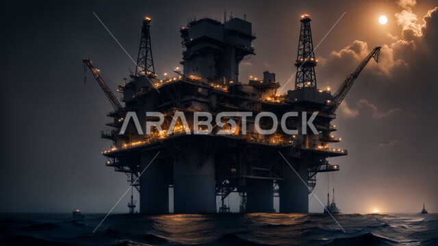 منصة نفط لاستنباط الزيوت، استخراج وتصدير الثروات الباطنية، حفارة تقوم بالتنقيب عن النفط وسط البحر ليلاً، آلات الحفر الضخمة، جودة الأدوات والمعدات الصناعية، مراكز تخزين البترول في المملكة العربية السعودية