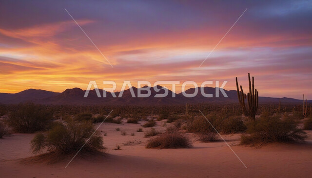 منظر السماء المليئة بالسحب وقت الغروب، مناطق البادية والبيئة الطبيعية الصحراوية في المملكة العربية السعودية، القمم والمرتفعات الجبلية في الصحراء، نمو النباتات البرية والشوكية على الرمال الناعمة في الصحاري، خلفية الطبيعة