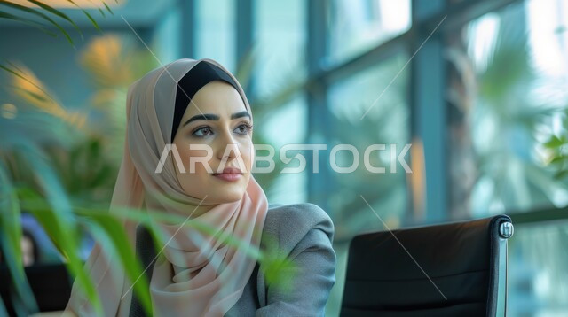 بيئة العمل المريحة في شركات المملكة، إدارة وتنظيم الأعمال ضمن مقر الشركة, ارتداء الأزياء العصرية للمحجبات، مهن ووظائف مكتبية نسائية, امرأة عربية خليجية سعودية  محجبة تنظر الى مكان ما وتجلس أمام الطاولة في المكتب