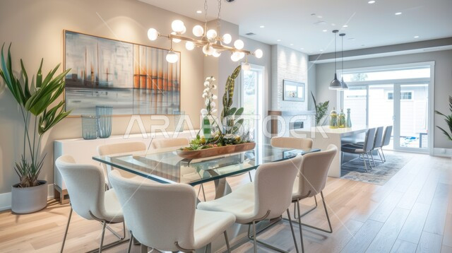 غرفة سفرة بتصاميم كلاسيكية راقية، ديكورات منزلية داخلية حديثة لغرف الطعام، استخدام الطراز الفني الانيق في الاثاث المنزلي، الفنون الهندسية في تصميم طاولة الطعام، شقق وفلل سكنية في المملكة العربية السعودية، نافذة زجاجية كبيرة