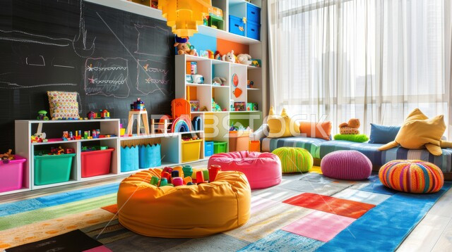 ألوان حيوية ومنعشة، ديكورات وألعاب خشبية ترفيهية، ديكور داخلي لغرفة لعب في رياض أطفال بالمملكة العربية السعودية، تصاميم مريحة وهادئة