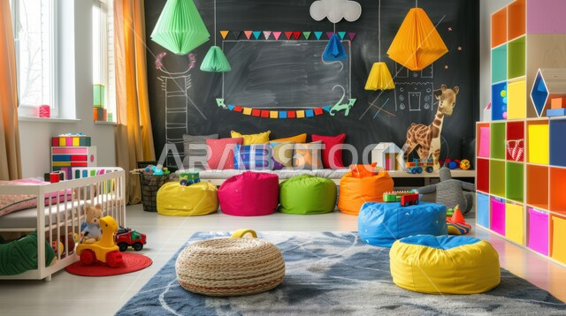 ألوان حيوية ومنعشة، ديكورات وألعاب خشبية ترفيهية، ديكور داخلي لغرفة لعب في رياض أطفال بالمملكة العربية السعودية، تصاميم مريحة وهادئة