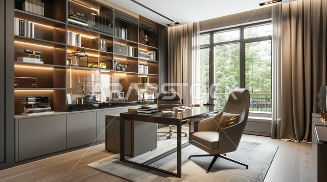 غرفة مكتبية بتصاميم وتجهيزات حديثة، فنون التصميم الداخلي، الديكورات الداخلية لمكاتب العمل المنزلية في السعودية، النوافذ الزجاجية المطلة على المناظر الطبيعية في وقت النهار