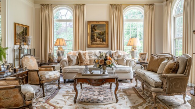 التصاميم الداخلية لغرف الجلوس على الطراز الحديث، غرفة معيشة مع أثاث منزلي كلاسيكي، الديكورات الداخلية الراقية للفلل والشقق السكنية المميزة في المملكة العربية السعودية، اكسسوارات وتحف عصرية