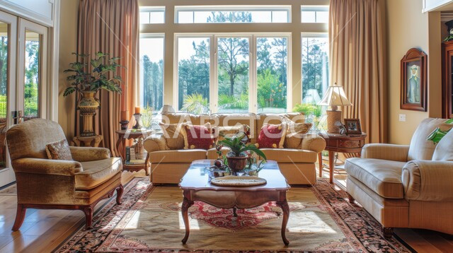 التصاميم الداخلية لغرف الجلوس على الطراز الحديث، غرفة معيشة مع أثاث منزلي كلاسيكي، الديكورات الداخلية الراقية للفلل والشقق السكنية المميزة في المملكة العربية السعودية، اكسسوارات وتحف عصرية