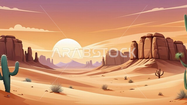 مناطق البادية والبيئة الطبيعية في السعودية، رسم توضيحي للصحراء الرمليه، نباتات برية صحراوية في البراري، منظر الغيوم في السماء, الرمال الذهبية الناعمة، التضاريس والمرتفعات والهضاب في المملكة