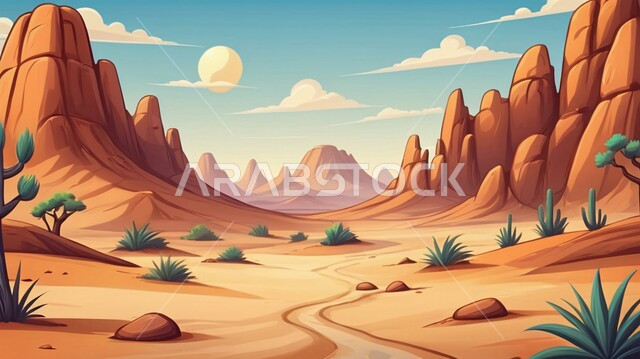 مناطق البادية والبيئة الطبيعية في السعودية، رسم توضيحي للصحراء الرمليه، نباتات برية صحراوية في البراري، منظر الغيوم في السماء, الرمال الذهبية الناعمة، التضاريس والمرتفعات والهضاب في المملكة