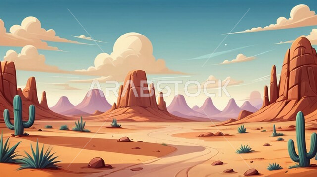 Badia regions and the natural environment in Saudi Arabia, an illustration of the sandy desert, desert wild plants in the prairies, the view of clouds in the sky, soft golden sand, terrain, highlands and plateaus in the Kingdom