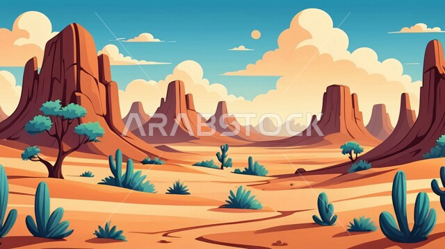 مناطق البادية والبيئة الطبيعية في السعودية، رسم توضيحي للصحراء الرمليه، نباتات برية صحراوية في البراري، منظر الغيوم في السماء, الرمال الذهبية الناعمة، التضاريس والمرتفعات والهضاب في المملكة