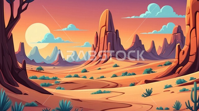 مناطق البادية والبيئة الطبيعية في السعودية، رسم توضيحي للصحراء الرمليه، نباتات برية صحراوية في البراري، منظر الغيوم في السماء, الرمال الذهبية الناعمة، التضاريس والمرتفعات والهضاب في المملكة
