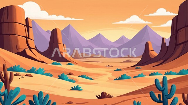 مناطق البادية والبيئة الطبيعية في السعودية، رسم توضيحي للصحراء الرمليه، نباتات برية صحراوية في البراري، منظر الغيوم في السماء, الرمال الذهبية الناعمة، التضاريس والمرتفعات والهضاب في المملكة