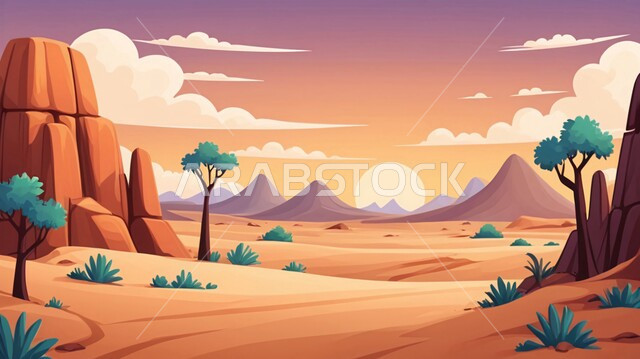 مناطق البادية والبيئة الطبيعية في السعودية، رسم توضيحي للصحراء الرمليه، نباتات برية صحراوية في البراري، منظر الغيوم في السماء, الرمال الذهبية الناعمة، التضاريس والمرتفعات والهضاب في المملكة