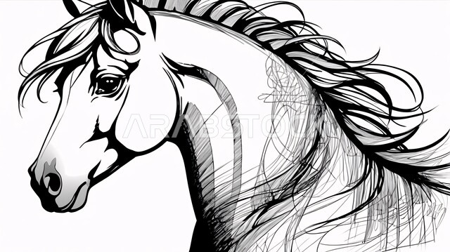 شغف الفروسية وركوب الخيل، رسم توضيحي بالأبيض والأسود لحصان عربي أصيل، مفهوم تربية وتدريب الأحصنة، اتباع تقاليد الاجداد في رعاية الخيول بالمملكة العربية السعودية, خلفية بيضاء