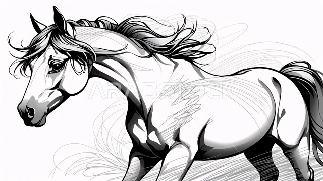 شغف الفروسية وركوب الخيل، رسم توضيحي بالأبيض والأسود لحصان عربي أصيل، مفهوم تربية وتدريب الأحصنة، اتباع تقاليد الاجداد في رعاية الخيول بالمملكة العربية السعودية, خلفية بيضاء