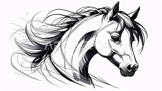 شغف الفروسية وركوب الخيل، رسم توضيحي بالأبيض والأسود لحصان عربي أصيل، مفهوم تربية وتدريب الأحصنة، اتباع تقاليد الاجداد في رعاية الخيول بالمملكة العربية السعودية, خلفية بيضاء