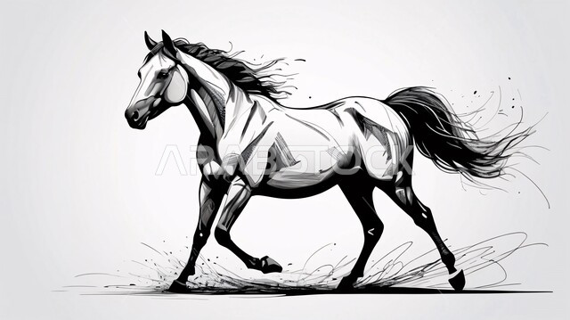 شغف الفروسية وركوب الخيل، رسم توضيحي بالأبيض والأسود لحصان عربي أصيل، مفهوم تربية وتدريب الأحصنة، اتباع تقاليد الاجداد في رعاية الخيول بالمملكة العربية السعودية, خلفية بيضاء