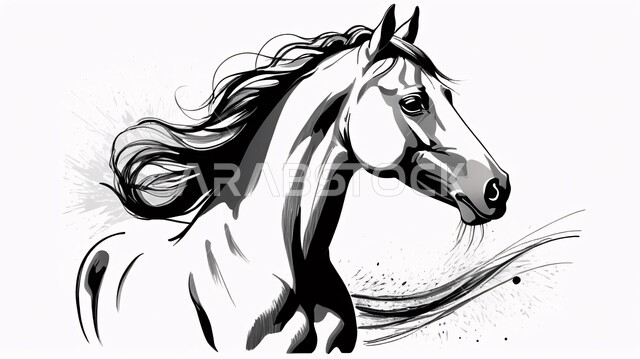 شغف الفروسية وركوب الخيل، رسم توضيحي بالأبيض والأسود لحصان عربي أصيل، مفهوم تربية وتدريب الأحصنة، اتباع تقاليد الاجداد في رعاية الخيول بالمملكة العربية السعودية, خلفية بيضاء