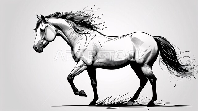 شغف الفروسية وركوب الخيل، رسم توضيحي بالأبيض والأسود لحصان عربي أصيل، مفهوم تربية وتدريب الأحصنة، اتباع تقاليد الاجداد في رعاية الخيول بالمملكة العربية السعودية, خلفية بيضاء
