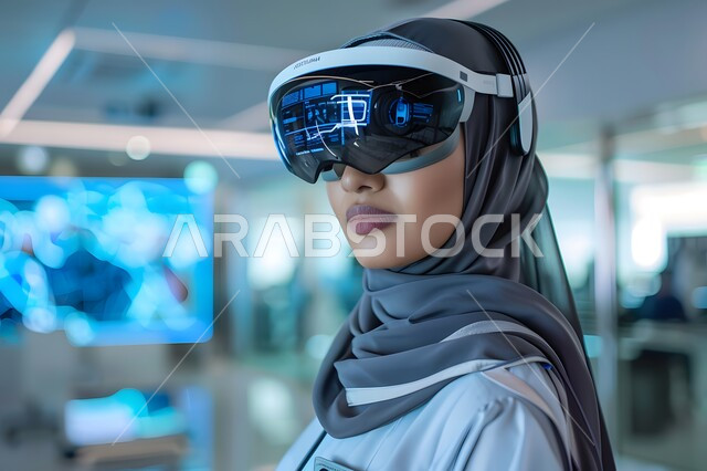 إدارة وتنظيم أعمال الشركة، قسم الاستعلامات والاتصال، الإجابة على الأسئلة والاستفسارات, مفهوم خدمة العملاء، امرأة عربية خليجية سعودية محجبة ترتدي سماعات الرأس المتطورة, مهن ووظائف مكتبية نسائية, دمج العمل مع التقنية والتكنولوجيا, الرسم البياني وقاعدة البيانات