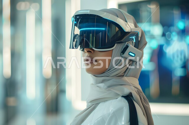 Managing and organizing the company’s business, information and communication department, answering questions and inquiries, customer service concept, a veiled Saudi Gulf Arab woman wearing advanced headphones, female office professions and jobs, integrating work with technology and technology, chart and database