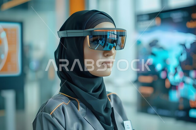 إدارة وتنظيم أعمال الشركة، قسم الاستعلامات والاتصال، الإجابة على الأسئلة والاستفسارات, مفهوم خدمة العملاء، امرأة عربية خليجية سعودية محجبة ترتدي سماعات الرأس المتطورة, مهن ووظائف مكتبية نسائية, دمج العمل مع التقنية والتكنولوجيا, الرسم البياني وقاعدة البيانات