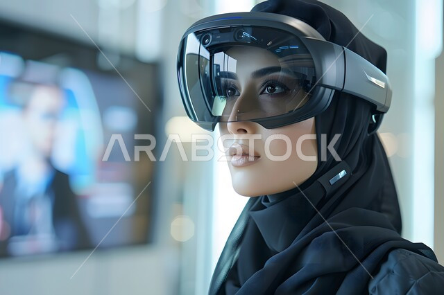 إدارة وتنظيم أعمال الشركة، قسم الاستعلامات والاتصال، الإجابة على الأسئلة والاستفسارات, مفهوم خدمة العملاء، امرأة عربية خليجية سعودية محجبة ترتدي سماعات الرأس المتطورة, مهن ووظائف مكتبية نسائية, دمج العمل مع التقنية والتكنولوجيا, الرسم البياني وقاعدة البيانات