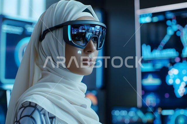 Managing and organizing the company’s business, information and communication department, answering questions and inquiries, customer service concept, a veiled Saudi Gulf Arab woman wearing advanced headphones, female office professions and jobs, integrating work with technology and technology, chart and database