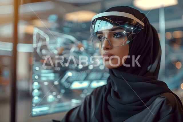 Managing and organizing the company’s business, information and communication department, answering questions and inquiries, customer service concept, a veiled Saudi Gulf Arab woman wearing advanced headphones, female office professions and jobs, integrating work with technology and technology, chart and database
