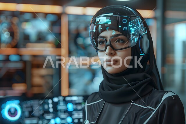 Managing and organizing the company’s business, information and communication department, answering questions and inquiries, customer service concept, a veiled Saudi Gulf Arab woman wearing advanced headphones, female office professions and jobs, integrating work with technology and technology, chart and database