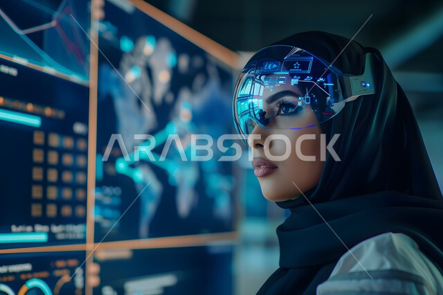 إدارة وتنظيم أعمال الشركة، قسم الاستعلامات والاتصال، الإجابة على الأسئلة والاستفسارات, مفهوم خدمة العملاء، امرأة عربية خليجية سعودية محجبة ترتدي سماعات الرأس المتطورة, مهن ووظائف مكتبية نسائية, دمج العمل مع التقنية والتكنولوجيا, الرسم البياني وقاعدة البيانات